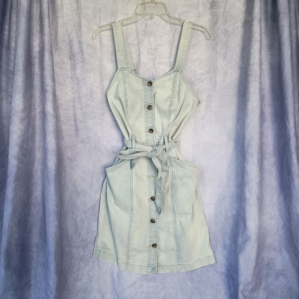 SO Light Wash Denim Button Front Tie Waist Mini Belted Dress Y2K